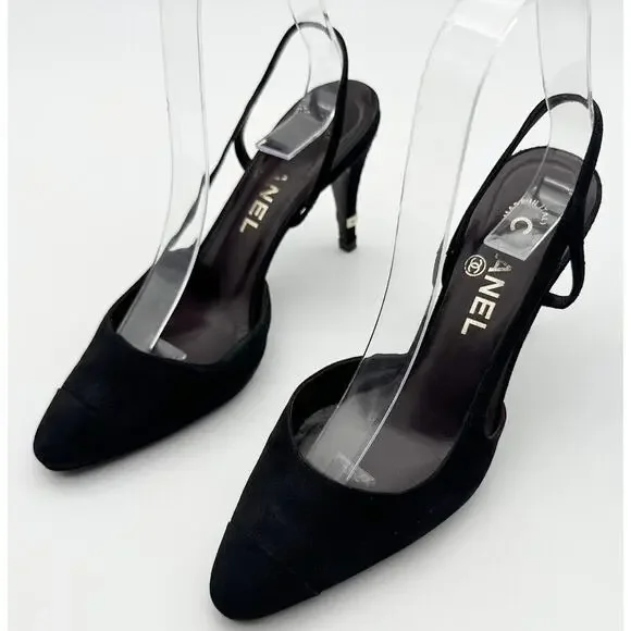 Chanel Slingback Heels 36.5 Black Suede Gold Cap Toe Vintage CC Logo Block Heel - Picture 1 of 9